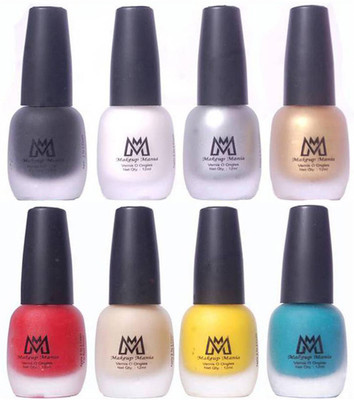 

Makeup Mania Premium Nail Polish - Combo of 8 Velvet Matte Nail Paint - (MM# 15-19) Red, Yellow, Nude, Turquoise, Black, White, Silver, Golden(Pack of 8)