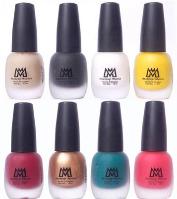 

Makeup Mania Premium Nail Polish - Combo of 8 Velvet Matte Nail Paint - (MM# 17-22) Nude, Black, White, Yellow, Deep Red, Golden, Green, Peach(Pack of 8)