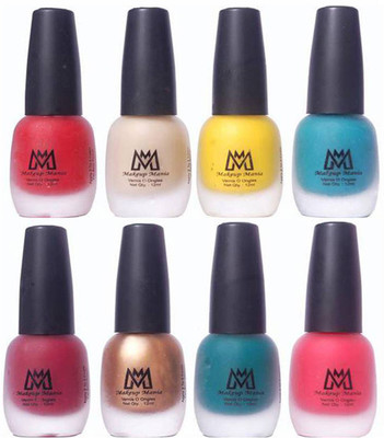 

Makeup Mania Premium Nail Polish - Combo of 8 Velvet Matte Nail Paint - (MM# 17-19) Turquoise, Orange, Black, Yellow, Red, Golden, Green, Peach(Pack of 8)