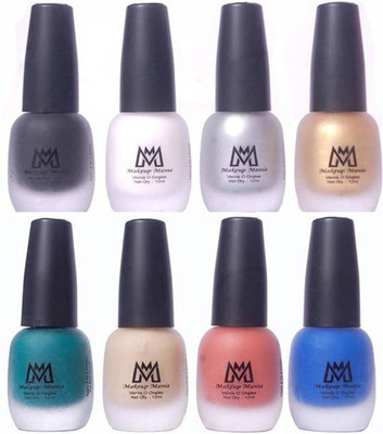 

Makeup Mania Premium Nail Polish - Combo of 8 Velvet Matte Nail Paint - (MM# 15-21) Green, Blue, Nude, Peach, Black, White, Silver, Golden(Pack of 8)