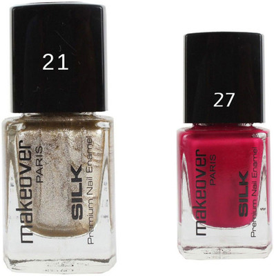 

Makeover Professional Nail Paint Combo Hot-Silk-Golden-21 , Love-Affair-27 (9 ml, Pack of 2) Multi(Pack of 2)