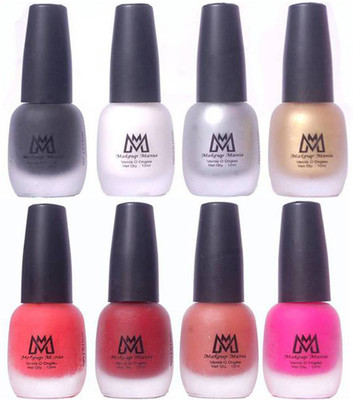 

Makeup Mania Premium Nail Polish - Combo of 8 Velvet Matte Nail Paint - (MM# 15-16) Black, White, Silver, Golden, Orange, Red, Light Brown, Pink(Pack of 8)