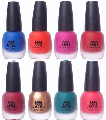

Makeup Mania Premium Nail Polish - Combo of 8 Velvet Matte Nail Paint - (MM# 17-18) Blue, Orange, Pink, Maroon, Red, Golden, Green, Peach(Pack of 8)