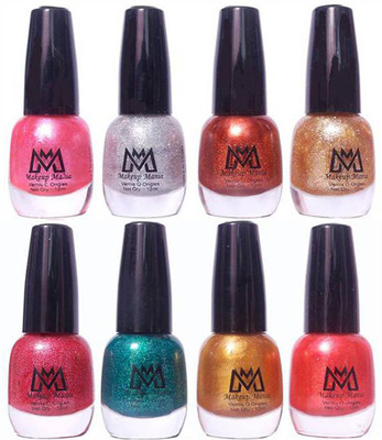 

Makeup Mania Premium Nail Polish - Combo of 8 Unique Glitter Nail Paint - (MM# 11-13) Pink, Silver, Golden, Brown, Blue, Glitter, Orange(Pack of 8)