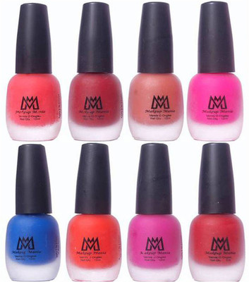 

Makeup Mania Premium Nail Polish - Combo of 8 Velvet Matte Nail Paint - (MM# 16-18) Orange, Maroon, Brown, Pink, Blue, Light Magenta, Deep Red(Pack of 8)