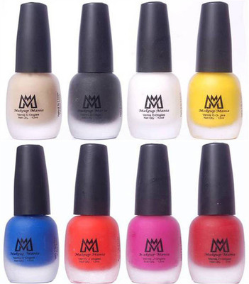 

Makeup Mania Premium Nail Polish - Combo of 8 Velvet Matte Nail Paint - (MM# 18-22) Nude, Black, White, Yellow, Blue, Orange, Maroon, Pink(Pack of 8)
