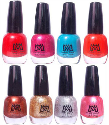 

Makeup Mania Premium Nail Polish - Combo of 8 Unique Glitter Nail Paint - (MM# 11-55) Red, Light Blue, Pink, Golden Glitter Silver, Orange(Pack of 8)