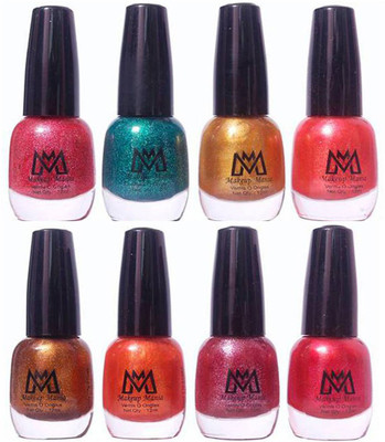 

Makeup Mania Premium Nail Polish - Combo of 8 Unique Glitter Nail Paint - (MM# 12-13) Shining Golden, Blue Glitter, Orange, Red, Pink(Pack of 8)