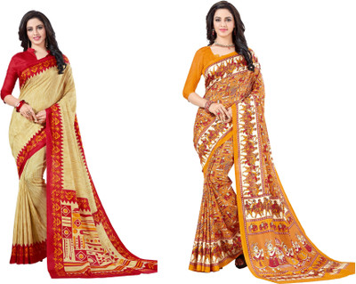 YETNIK Printed Kalamkari Art Silk Saree(Pack of 2, Multicolor)