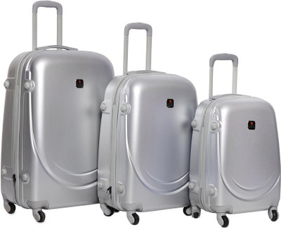 

Swiss Mountaineer Set of 3 Silver Plain Trolley Bag Expandable Cabin Luggage -  inch(Silver