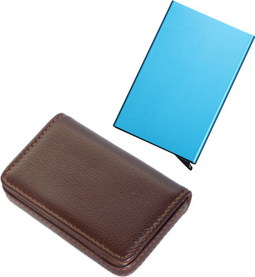 

Stealodeal Blue Automatic Pop-Up RFID Case With Brown Leather 8 Card Holder(Set of 2, Blue, Brown)
