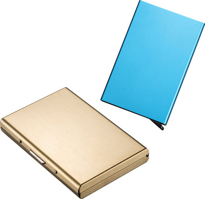 

Stealodeal Blue Automatic Pop-Up RFID Case With Full Gold Bracket 8 Card Holder(Set of 2, Blue, Gold)