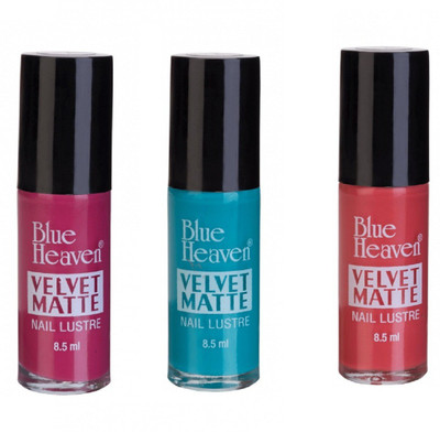 

Blue Heaven Velvet Matte Nail Luster light blue,k pink,brick red multicolour(Pack of 3)