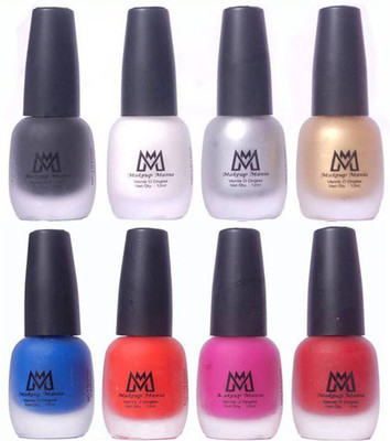 

Makeup Mania Premium Nail Polish - Combo of 8 Velvet Matte Nail Paint - (MM# 15-18) Black, White, Silver, Golden, Blue, Pink, Maroon, Orange(Pack of 8)