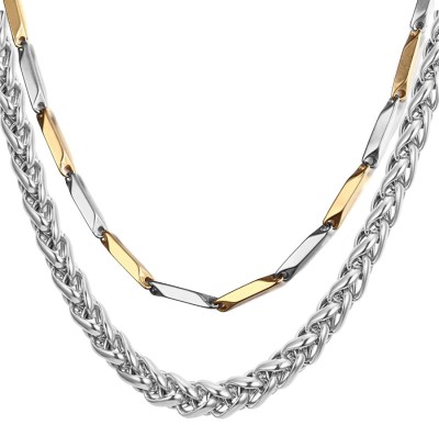 NAKABH 2 Piece Combo of Elegant Statement Necklace Chains Silver, Titanium Plated Stainless Steel Chain Set