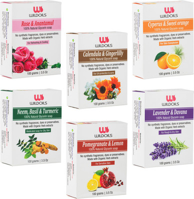 

Wildoils Pack of 6 Exotic Soaps Pomegranate, Cyperus, Neem, Rose, Lavender and Calendula(100 g, Pack of 6)
