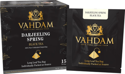

Vahdam Exotic Darjeeling First Flush Tea Leaves,15 Tea Bag, Long Leaf Pyramid Darjeeling Tea Bags, Aromatic & Flowery, 100% Pure Unblended First Flush Darjeeling Tea, Packed in India Unflavoured Black Tea Bags(15 Bags, Box)