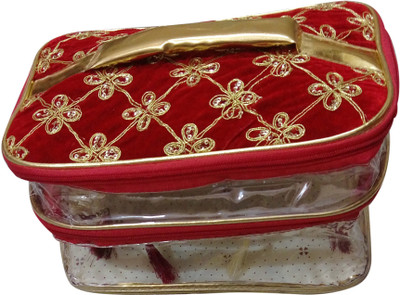 

Haryana Craft Red Color Velvet worked with jhalar vanity box (Make Up kit ) with 2 Partition Size 29*19*19 Make Up Kit, Vanity Box Vanity Box(Red)