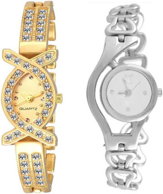 

Swadesi Stuff New Arrival diamond studded gold & chain Silver Premium Quality Stylish watch combo of 2 Watch - For Women