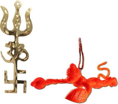 Divya Mantra Combo Of Orange Flying Hanuman Car Mirror Hanging and Trishakti Yantra Swastik Om Trishul Metal Wall Hanging Car Hanging Ornament(Pack of 2)