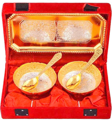 

Indian Craft Villa Handmade Metal Snack Bowls, 5-Pieces, Gold with comes with gift pack use for Dry Fruits, gifting purposes on Wedding Aniversary Diwali Christmas Occasion Bowl Spoon Tray Serving Set(Pack of 5)