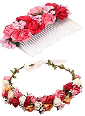 

Sanjog Gorgeous Red And Pink Flower Comb Clip and Wooden Stic Tiara For Women For Wedding/Party Head Band, Hair Clip(Pink, Red)