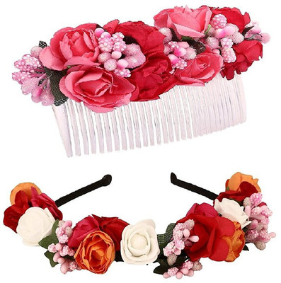 

Sanjog Gorgeous Red And Pink Flower Comb Clip and Hair Band For Women For Wedding Party Hair Band, Hair Clip(Red, Pink)