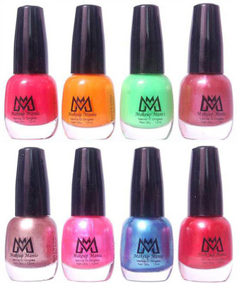 

Makeup Mania Premium Nail Polish - Combo of 8 Trendy Nail Paint Set- (MM# 25-26) Peach, Orange, Light Green, Mauve, Pearl Silver, Shining Baby Pink Blue Red(Pack of 8)