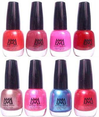 

Makeup Mania Premium Nail Polish - Combo of 8 Trendy Nail Paint Set- (MM# 25-35) Pearl Silver, Shiny Pink Blue Red, Reddish Orange, Light Pink, Maroon(Pack of 8)
