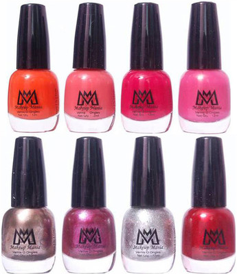 

Makeup Mania Premium Nail Polish - Combo of 8 Trendy Nail Paint Set- (MM# 28-29) Orange, Red, Pink, Silver Zari, Grey Silver, Purple(Pack of 8)