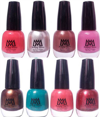 

Makeup Mania Premium Nail Polish - Combo of 8 Trendy Nail Paint Set- (MM# 23-41) Coffee, Turquoise, Pink, Copper, Peach, Mauve, Silver, Brown(Pack of 8)