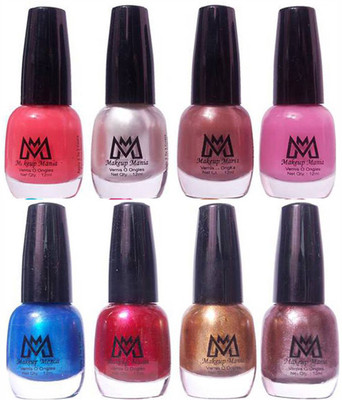 

Makeup Mania Premium Nail Polish - Combo of 8 Trendy Nail Paint Set- (MM# 23-34) Silver, Peach, Mauve, Brown, Shine Blue Red, Golden, Coffee(Pack of 8)