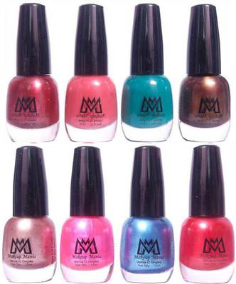 

Makeup Mania Premium Nail Polish - Combo of 8 Trendy Nail Paint Set- (MM# 25-41) Pearl Silver, Shiny Pink Blue Red, Gree, Copper(Pack of 8)