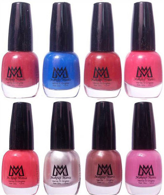 

Makeup Mania Premium Nail Polish - Combo of 8 Trendy Nail Paint Set- (MM# 23-39) Blue, Red, Pink Peach, Silver, Brown, Mauve(Pack of 8)