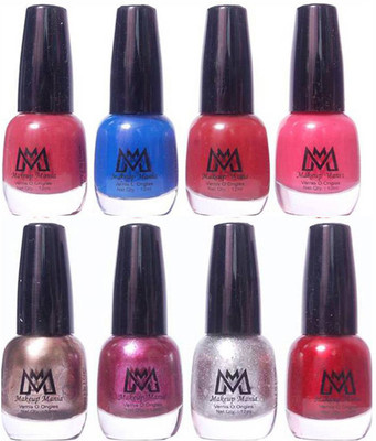 

Makeup Mania Premium Nail Polish - Combo of 8 Trendy Nail Paint Set- (MM# 28-39) Brown, Blue, Silver Zari, Grey Silver, Shiny Purple & Red(Pack of 8)