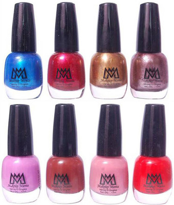 

Makeup Mania Premium Nail Polish - Combo of 8 Trendy Nail Paint Set- (MM# 24-34) Shiny Blue Red Golden Coffee, Light Pink, Nude, Brown, Red(Pack of 8)