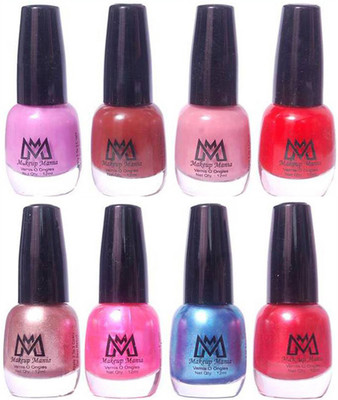 

Makeup Mania Premium Nail Polish - Combo of 8 Trendy Nail Paint Set- (MM# 24-25) Light Pink, Brown, Baby Pink, Blood Red, Silver, Shine Blue Red(Pack of 8)
