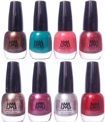 

Makeup Mania Premium Nail Polish - Combo of 8 Trendy Nail Paint Set- (MM# 28-41) Cofee, Turquoise, Nude Pink, Greyish Silver, Shiny Purple, Silver Glitter, Shiny Red(Pack of 8)