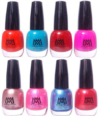 

Makeup Mania Premium Nail Polish - Combo of 8 Trendy Nail Paint Set- (MM# 25-30) Red, Turqoise, Blood Red, Pink, Pearl Silver, Shiny Pink Blue Red(Pack of 8)