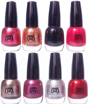 

Makeup Mania Premium Nail Polish - Combo of 8 Trendy Nail Paint Set- (MM# 28-40) Metallic Grey Silver Purple Red, Black, Peach(Pack of 8)