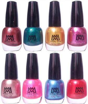 

Makeup Mania Premium Nail Polish - Combo of 8 Trendy Nail Paint Set- (MM# 25-38) Pearl Silver, Shiny Pink Blue Red, Dark Brown, Green, Golden, Light Purple,(Pack of 8)