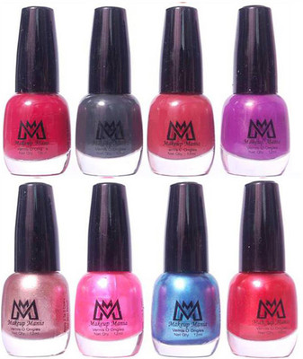 

Makeup Mania Premium Nail Polish - Combo of 8 Trendy Nail Paint Set- (MM# 25-31) Plum Red, Grey, Brown, Purple, Pearl Silver, Shiny Pink Blue Red(Pack of 8)