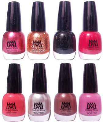 

Makeup Mania Premium Nail Polish - Combo of 8 Trendy Nail Paint Set- (MM# 23-40) Golden Glitter, Black, Red, Peach, Mauve, Silver, Brown(Pack of 8)