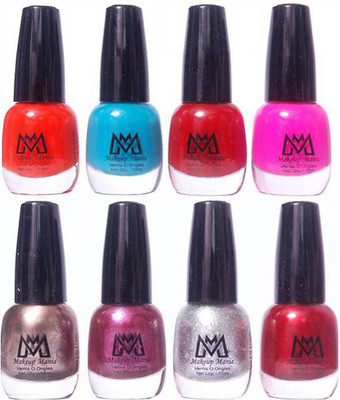 

Makeup Mania Premium Nail Polish - Combo of 8 Trendy Nail Paint Set- (MM# 28-30) Orange, Firozi Green, Pink, Silver Zari, Grey Silver, Purple, Shiny Red(Pack of 8)
