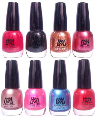 

Makeup Mania Premium Nail Polish - Combo of 8 Trendy Nail Paint Set- (MM# 25-40) Pearl Silver, Shiny Pink Blue Red, Black, Golden Glitter(Pack of 8)