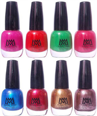 

Makeup Mania Premium Nail Polish - Combo of 8 Trendy Nail Paint Set- (MM# 27-34) Magenta Pink, Leaf Green, Shiny Blue Red Light Golden Metallic Grey(Pack of 8)