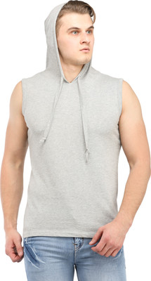 rockhard Solid Men Hooded Grey T-Shirt