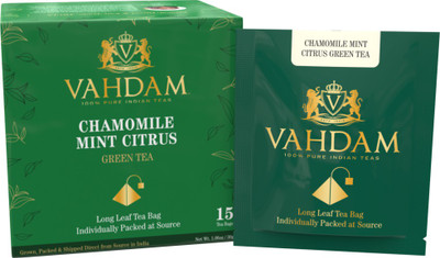 

Vahdam Chamomile Mint Citrus Green Tea Leaves, 15 Tea Bags, Long Leaf Green Tea Bags, 100% Natural Detox Tea, Weight Loss Tea, Slimming Tea - Chamomile, Orange Peels, Peppermint, Spearmint Unflavoured Green Tea Bags(15 Bags, Box)