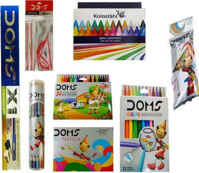 

DOMS X 1 PENCIL + 24 EXTRA LONG WAX CRAYONS + CRYSTAL INSTRUMENT SET + 12 OIL PASTEL + 12 SKETCH PEN ( FULL SIZE ) + 18 SHADE TEMPERA COLOUR + 12 COLOUR PENCIL ( TIN BOX ) + KOLOSTAHL 24 WAX CRAYOUS ART KIT