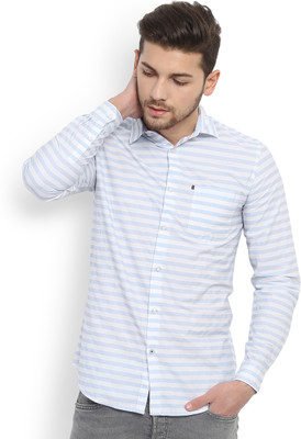 HIGHLANDER Men Striped Casual Light Blue, White Shirt